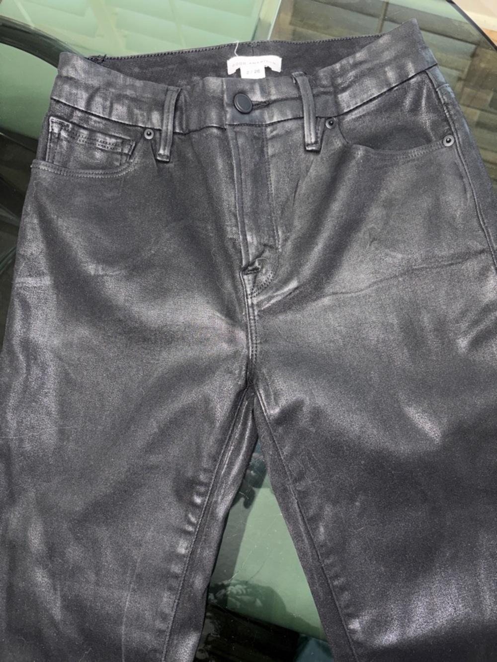 Good American Black Coated Straight Leg Jeans Like New